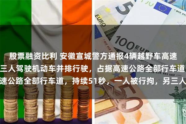股票融资比利 安徽宣城警方通报4辆越野车高速并排占道：高某某组织三人驾驶机动车并排行驶，占据高速公路全部行车道，持续51秒，一人被行拘，另三人被罚款